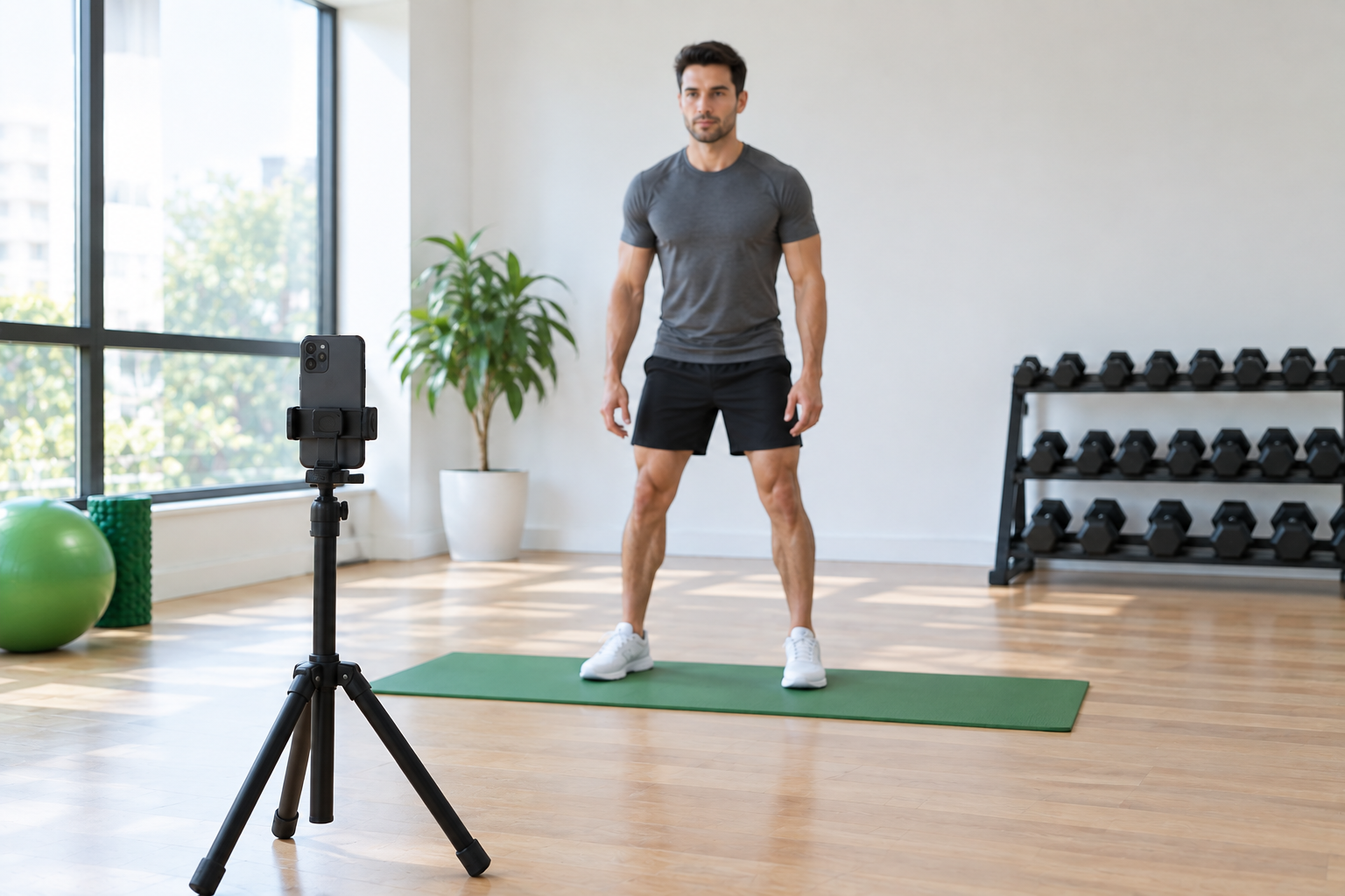 Smartphone on a small tripod filming a man about to squat in a fitness studio, with no wearables or sensors