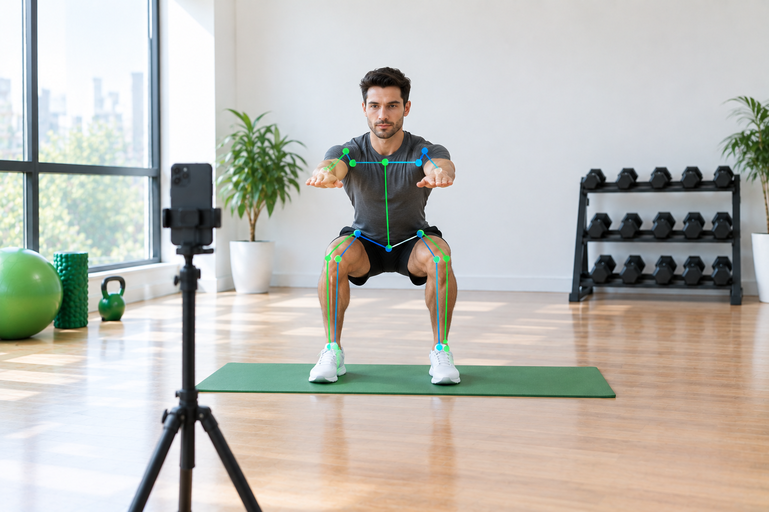 AI pose estimation skeleton overlay on a man at the bottom of a squat, with dots on shoulders, elbows, hips, knees and ankles