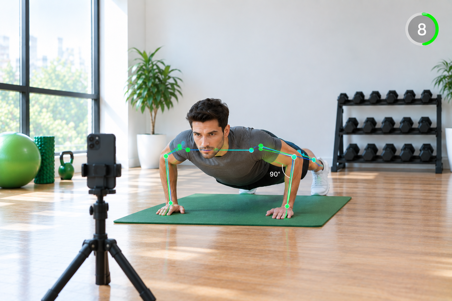 Push-up with a skeleton overlay, an elbow joint angle marker and an on-screen rep counter