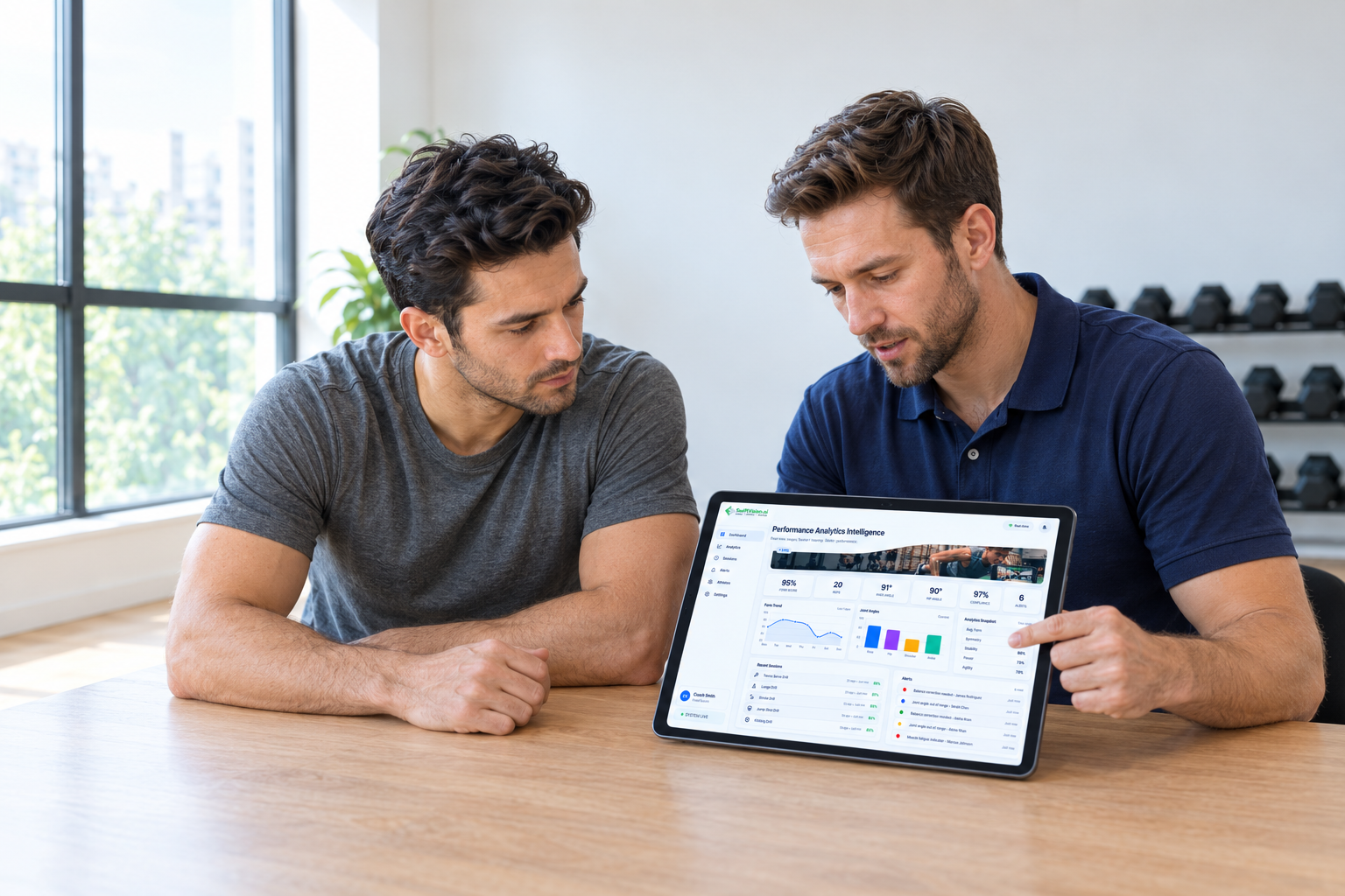 Coach and athlete reviewing a form score, joint angle chart and rep clips on a tablet dashboard