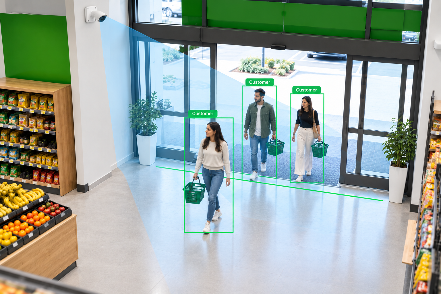 Ceiling CCTV camera pointed at a grocery store entrance, with AI boxes around shoppers walking in