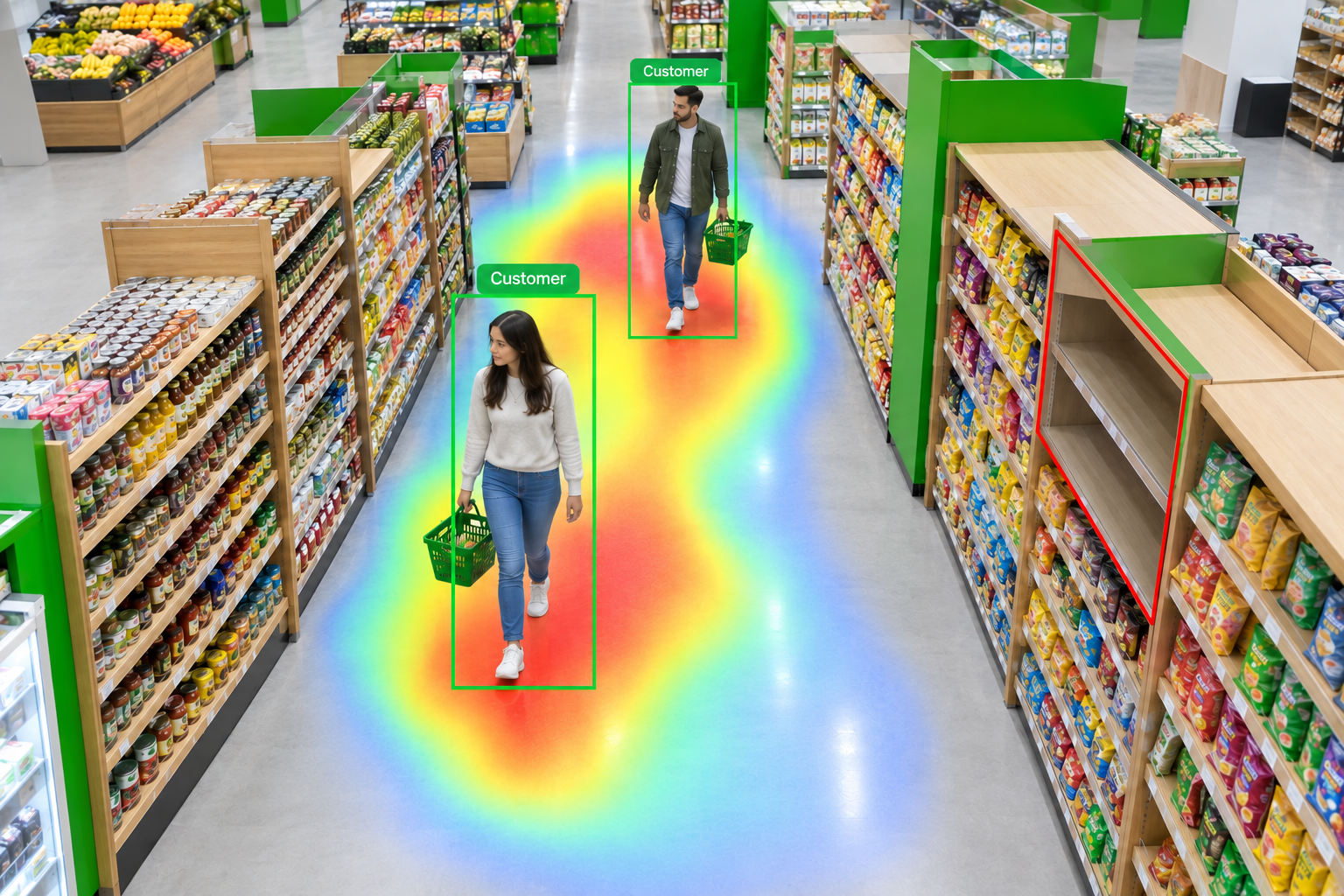 CCTV view of a grocery aisle with an empty shelf gap outlined in red and a footfall heatmap on the floor