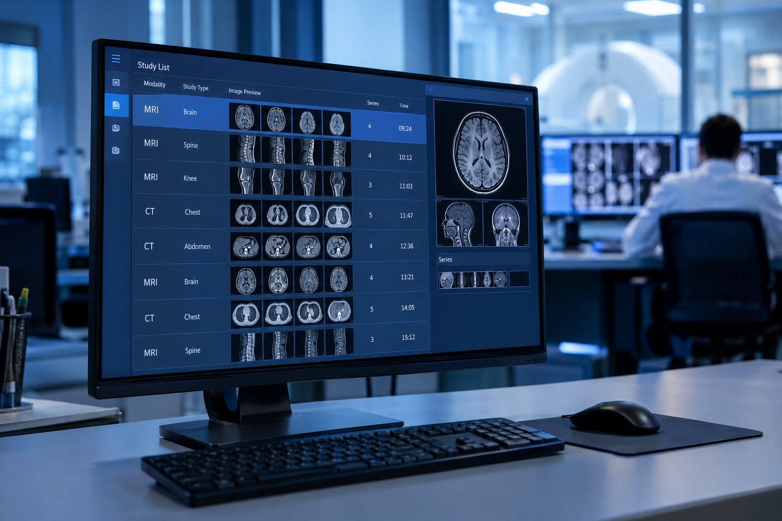 Radiology workstation showing a list of MRI and CT studies loaded from PACS