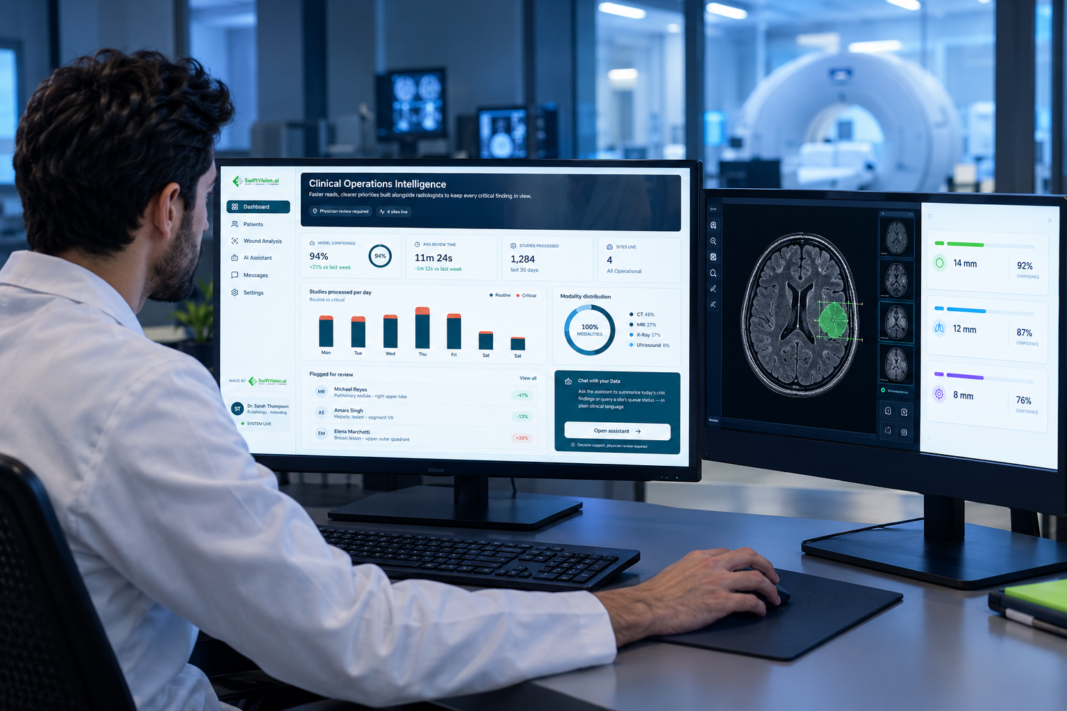 Radiologist reviewing AI findings on a medical imaging workstation before signing off