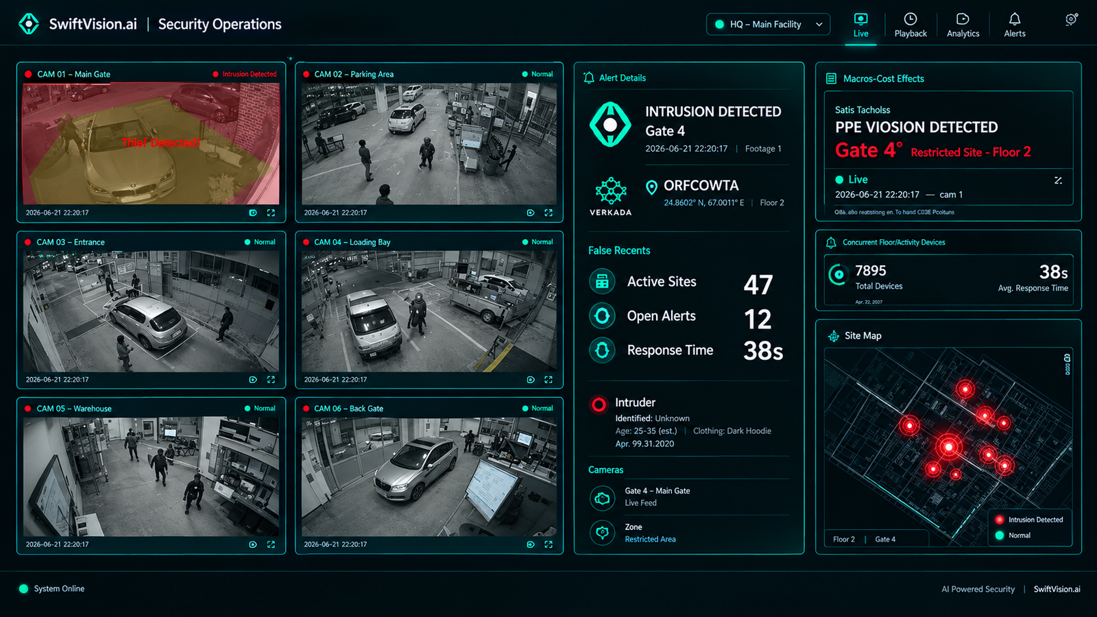 Real-time CCTV analytics dashboard showing live alerts and incidents across sites