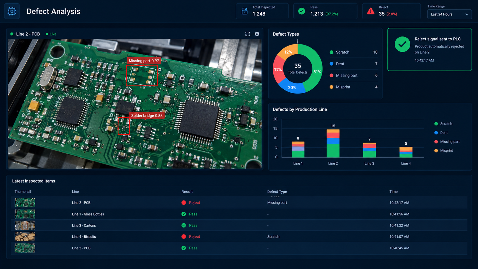 Factory monitoring dashboard with live floor view, PPE detection, defect counts, safety score, uptime and throughput