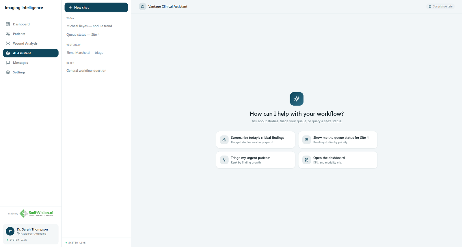 Healthcare Vision AI enterprise dashboard showing multi-modality study viewer with AI segmentation overlay, confidence scoring, model output, and patient queue