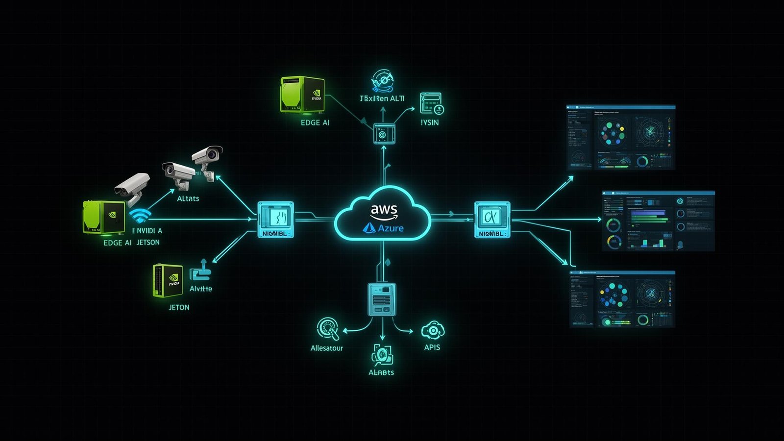 SwiftVision AI enterprise infrastructure pipeline diagram showing AWS, Azure, Kubernetes, and NVIDIA Jetson edge deployment architecture