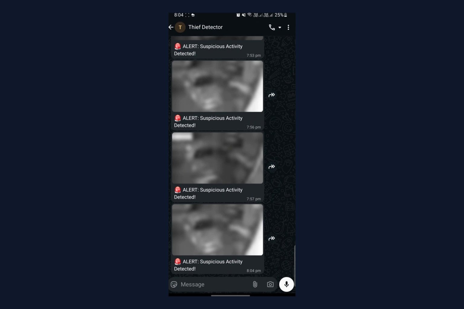 Phone showing AI alerts with CCTV snapshots on WhatsApp