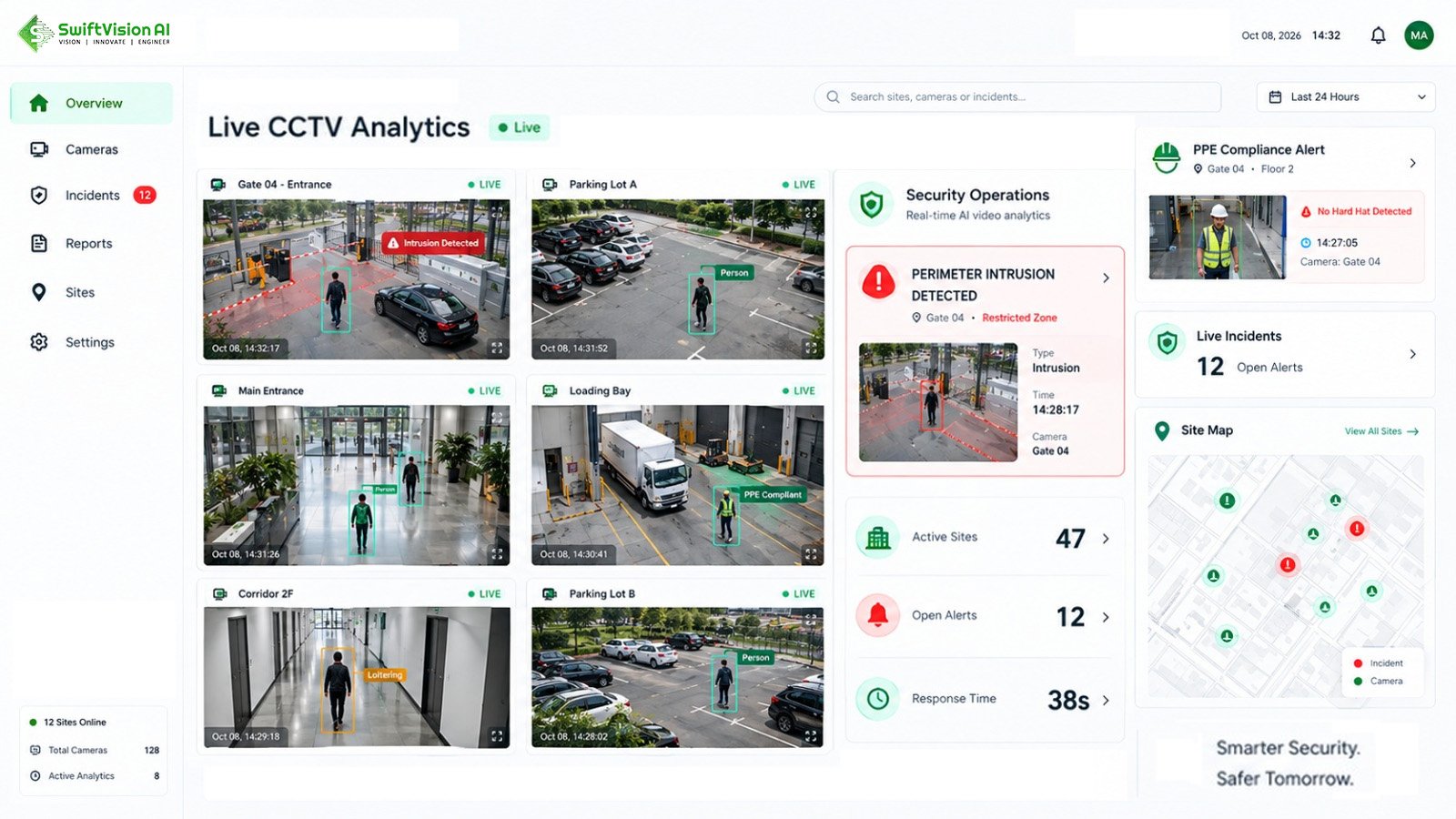 AI video surveillance dashboard with live CCTV feeds, intrusion and PPE detection, open alerts, response time and a multi-site map