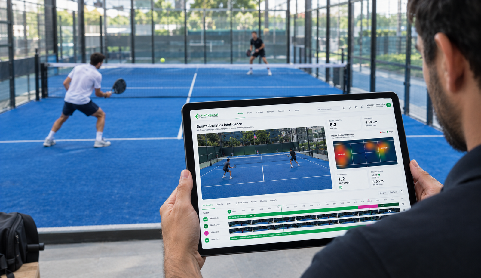 Coach courtside reviewing player heatmaps and match stats on a tablet
