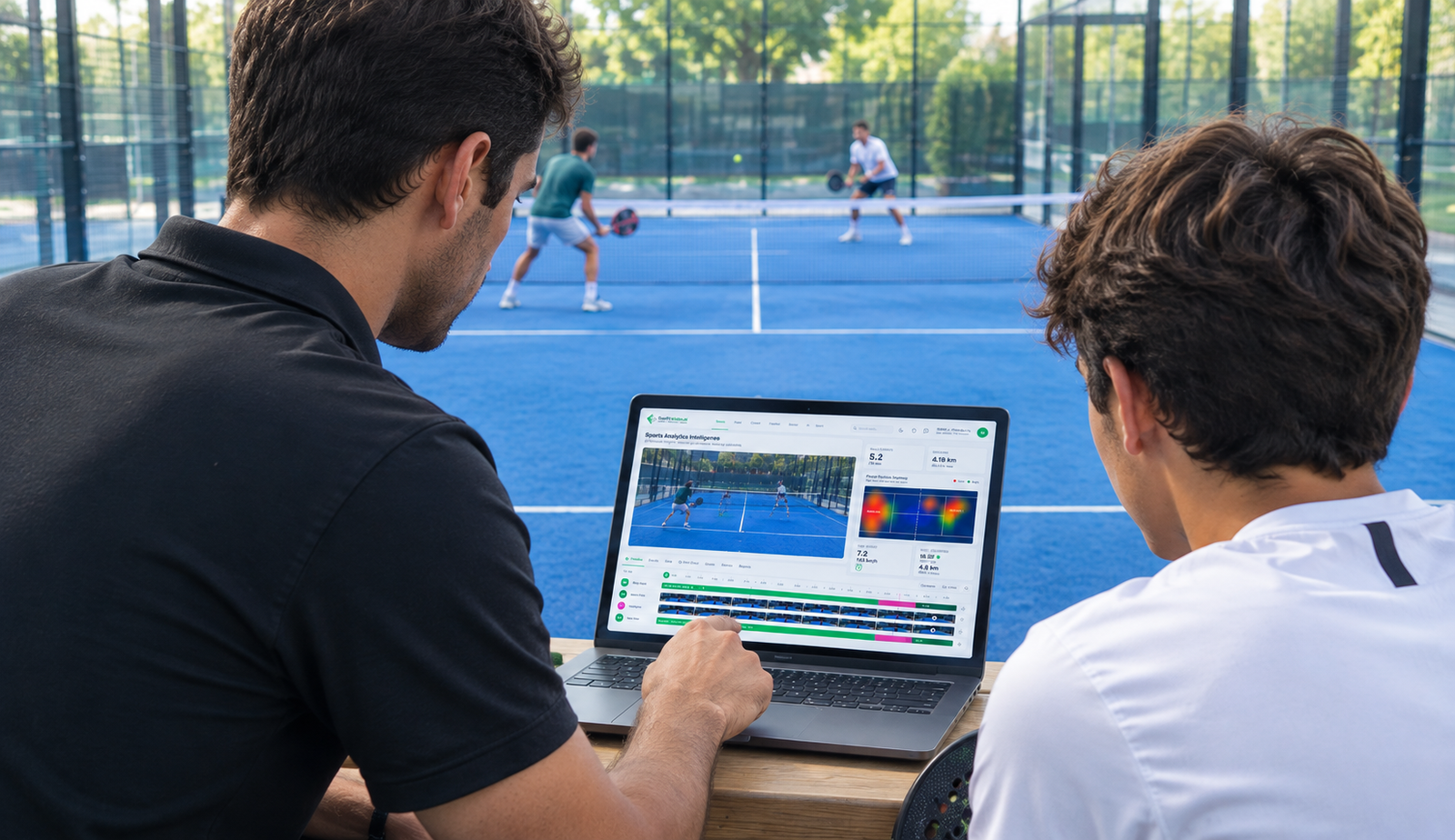 Coach and athlete reviewing match highlight clips together on a laptop