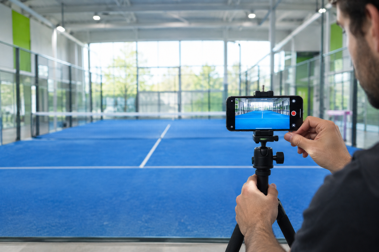 AI tracking players and the ball during a padel rally, with bounding boxes and a ball trajectory overlay