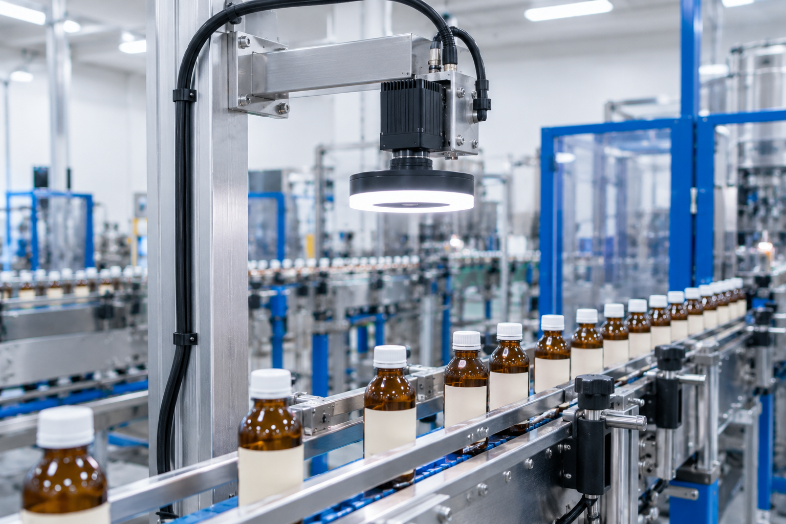 Industrial camera mounted above a factory conveyor, pointed down at products passing on the belt