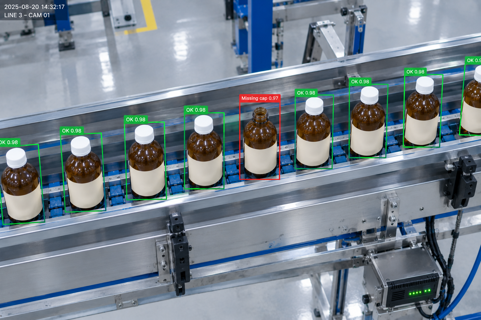 Camera view of products on a conveyor with AI boxes, one faulty product outlined in red