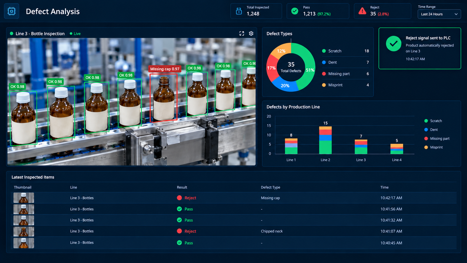 SwiftVision AI factory dashboard with live floor tracking, defect detection, safety score and throughput